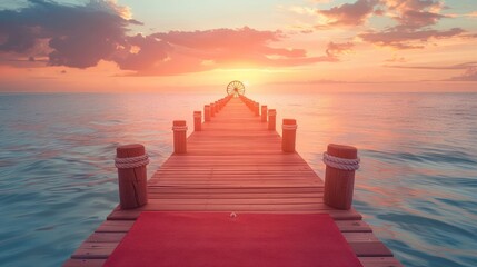 Serene sunset view from a wooden pier extending into calm waters, with vibrant skies and reflections