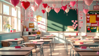 Colorful valentine's day classroom with heart decorations and sunlit desks. The 14th of February. Happy Valentine's Day