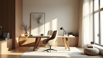A modern, minimalist home office bathed in warm natural light. A sleek wooden desk with clean lines neutral-toned wall, 