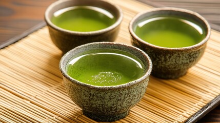 Green tea cups on bamboo tray, wooden table, zen background