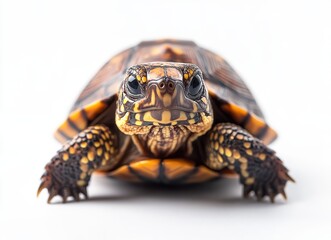 Obraz premium Close-up of a vibrant and detailed tortoise showcasing unique patterns and textures against a neutral background, emphasizing its natural charm and beauty