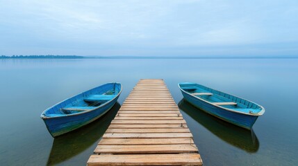 Serene view of two blue boats docked at a wooden pier, set against calm waters and a cloudy sky, perfect for relaxation and escape.