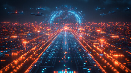 Futuristic Digital City with Aircraft and Data Globe