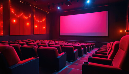 Obraz premium Empty modern cinema with red seats and illuminated screen at night. The 14th of February. Happy Valentine's Day