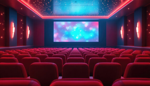 Empty neon-lit cinema with red seats and bokeh screen display. The 14th of February. Happy Valentine's Day