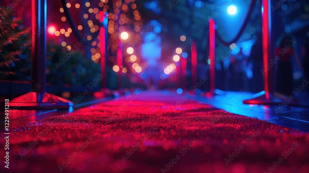 Poster a vibrant red carpet event with glowing lights and blurred attendees in the background