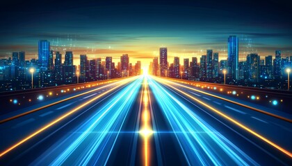Fototapeta premium Futuristic Night Cityscape, Light Trails Speeding Towards Horizon with Glowing City Skyline