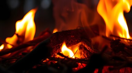 Close-up of burning twigs with glowing embers and intense flames, symbolizing heat, destruction, and energy