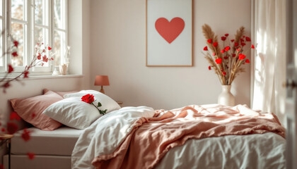 Cozy bedroom with heart art, red roses, and soft light. The 14th of February. Happy Valentine's Day