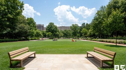 Sunny park with wooden benches, green grass, and lush trees under a blue sky with clouds, ideal for relaxation and leisure.