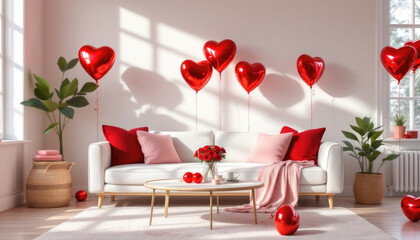 Cozy living room with red heart balloons and elegant decor by large window. The 14th of February. Happy Valentine's Day