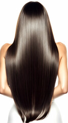 Fototapeta premium Woman Shows Off Long, Straight, Shiny Brown Hair Against a White Background.