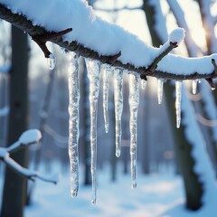 Close-up view of icicles hanging from a snow-covered tree branch in winter.