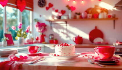 Cozy valentine's day kitchen decor with heart-themed cake and red accents. The 14th of February. Happy Valentine's Day