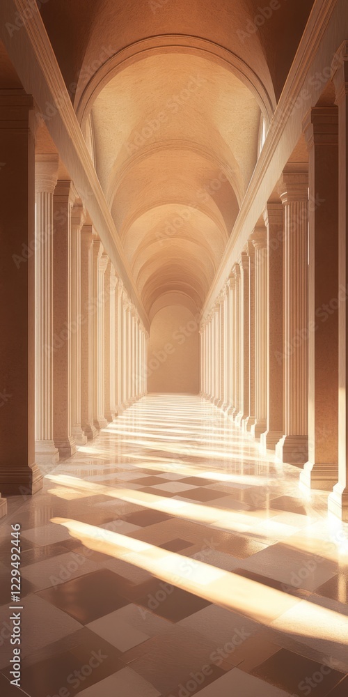 Poster elegant corridor with sunlight streaming through columns, highlighting the arched ceiling and creati