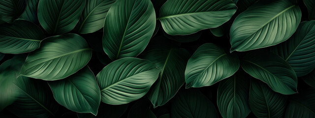 Fototapeta premium Close-Up Photo of Lush Exotic Sap Leaves with Vibrant Colors and Textures Lit by Soft Sunlight Against a Dark Green Background, Captured in High-End Botanical Photography Style. Generative AI