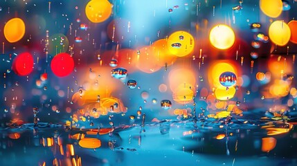 Obraz premium Colorful raindrops on a reflective surface with blurred city lights in the background at night