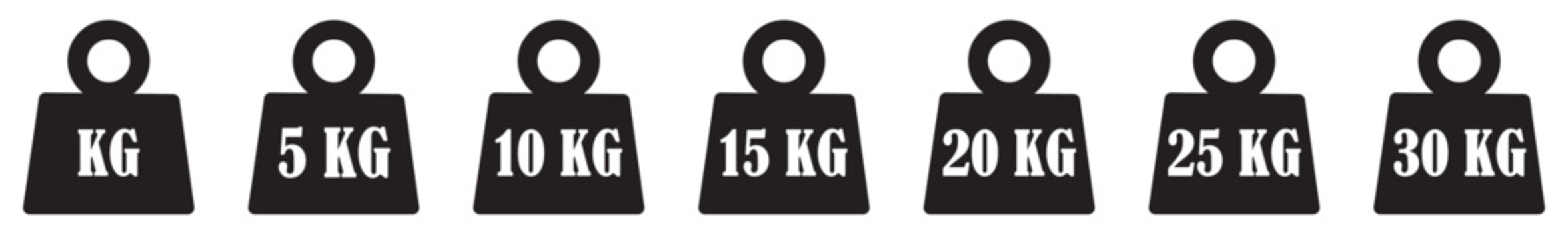 Weight icon set. Weight icon set_1kg,5kg,10kg,15kg,20kg,25kg and 30kg.heavy sign. Iron dumbbell symbol in vector flat. Metal weight of heavy mass sign collection. Weight kilogram signs. 