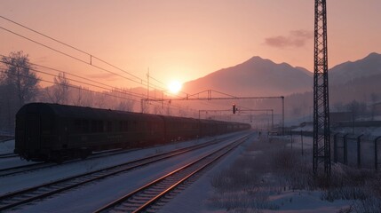 Fototapeta premium Train traveling through scenic snowy landscape at sunrise, with mountains in the background, creating a serene and tranquil atmosphere.