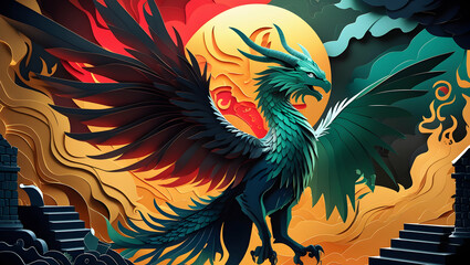 Obraz premium Majestic dragon in vibrant, stylized fantasy setting with stylized architecture and sun. Possible use fantasy art, gaming, wallpaper, etc