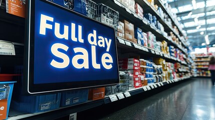 Brightly lit grocery store aisle showcasing a digital sign announcing a full day sale, with various products neatly arranged on shelves in the background