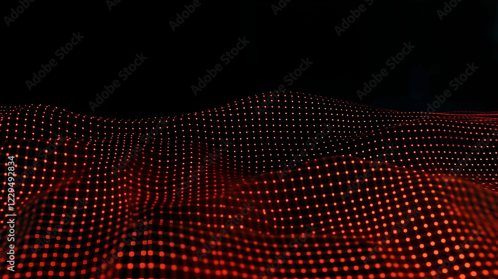 Poster abstract red glowing grid waves elegantly across a dark background with soft lighting effects