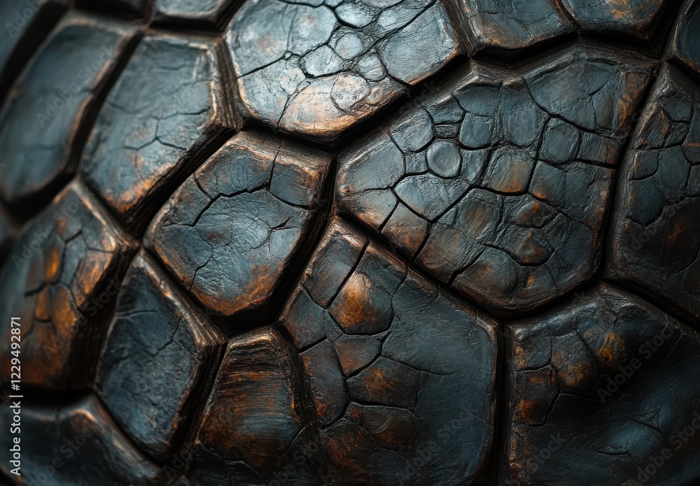 Poster close-up of textured dark brown shell with cracks and crevices for natural and artistic themes in ba