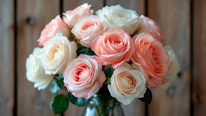 Delicate white and blush pink roses on wood
