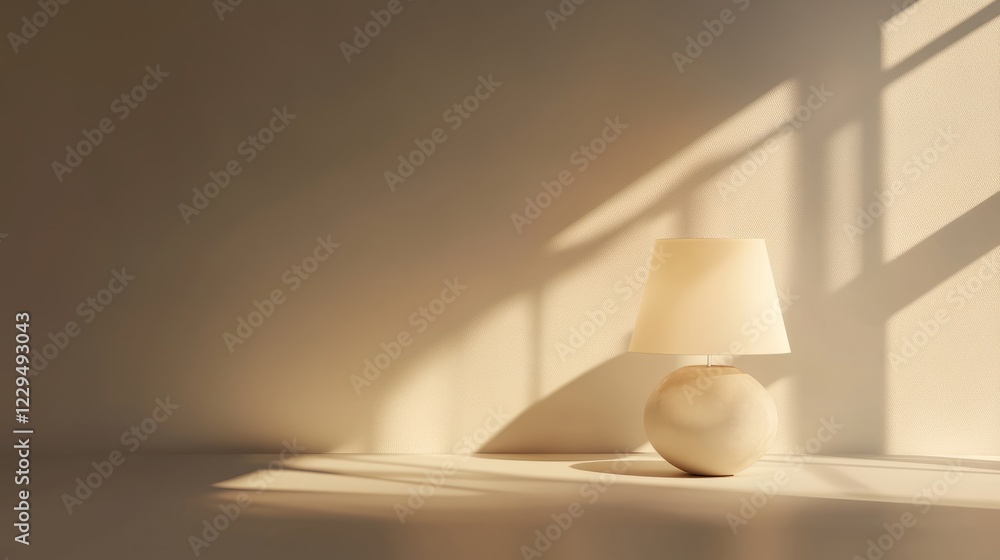 Poster a lamp is sitting on a table in a room. the lamp is white and has a round base