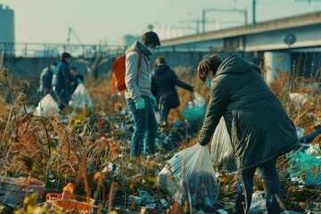 A group of volunteers collecting trash in a field, wearing gloves and masks, working together to clean up the environment, promoting social responsibility, and contributing to community welfare.