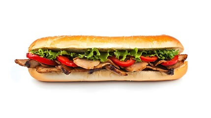 Savory meat and veggie sub sandwich on a long roll.