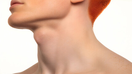 Obraz premium Close-up Photo of a Person's Neck and Chin with Red Hair Shows Smooth Skin and Freckles Clearly on White Background.