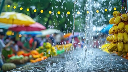 Vibrant market scene with water feature, colorful umbrellas, and fresh produce in background
