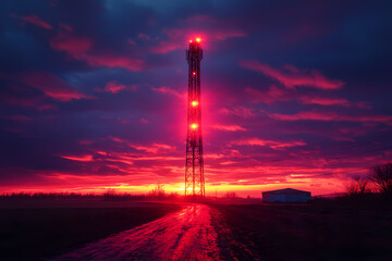 A tall vintage radio tower transmitting signals against a clear blue sky, symbolizing communication, technology, and connectivity