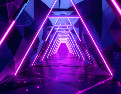Futuristic 3D Purple Triangle Tunnel - Neon Strobe Effect. A mesmerizing 3D animation of a glowing purple triangle tunnel with dynamic strobe lighting effects. The seamless motion and neon aesthetic
