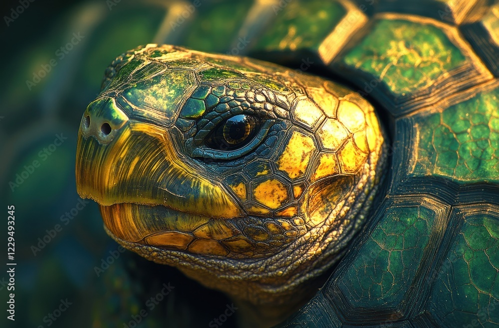 Poster close-up portrait of a colorful tortoise shell and face highlighting intricate textures and vibrant 