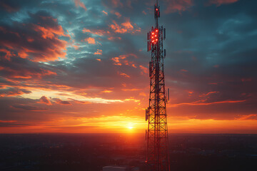 A tall vintage radio tower transmitting signals against a clear sky, symbolizing communication, technology, and connectivity