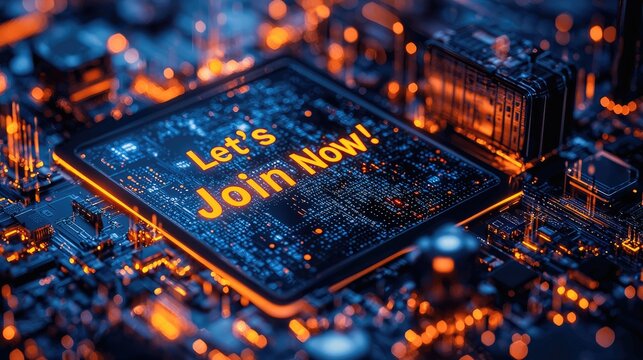 A vibrant close-up of a computer chip illuminated with orange and blue lights, showcasing technology and innovation, inviting engagement and participation