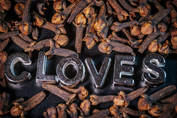 A macro shot of aromatic dried cloves scattered on a dark surface with metallic letters in the center that spell out “CLOVES.” Great for spice, culinary, and ingredient themes.