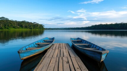 Obraz premium Two wooden boats moored at a serene lake dock, surrounded by lush greenery and a clear blue sky.