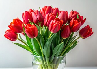 Red Tulips in Vase, High Depth of Field, White Background, AI Photo