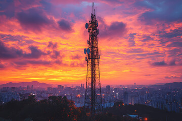A vintage radio tower transmitting signals against a clear sky backdrop, showcasing technology, communication, and connectivity
