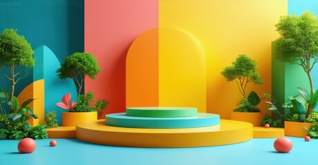 Obraz premium Exhibition podium with lush tropical plants, geometric structures, and vibrant pastel elements. A fusion of nature and modern design creates a fresh, immersive artistic space