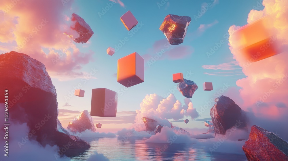 Poster surreal scene of floating cubes in a colorful sky over a calm ocean, surrounded by rocky formations 