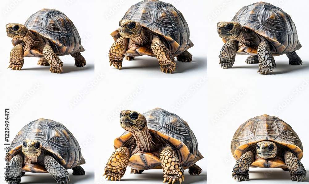 Poster close-up shots of tortoises showcasing unique patterns and textures on shells in various poses again