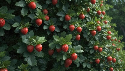 Dense spruce branches covering a lush strawberry bush, foliage, greenery, botanical