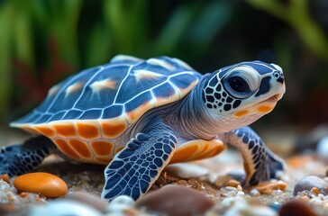 Fototapeta premium Close-up View of a Baby Sea Turtle Crawling on the Ocean Floor Surrounded by Colorful Pebbles and Coral Reefs in a Vibrant Underwater Environment