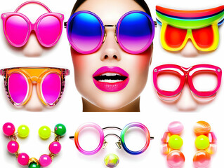 Colorful Sunglasses Collage Shows Variety of Trendy Eyewear in Vibrant Hues, Perfect for Summer Fashion Accessories.