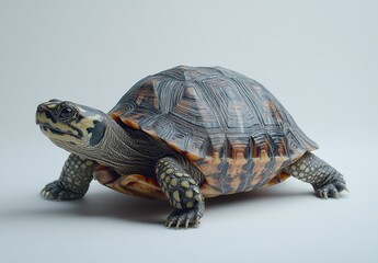 Obraz premium Close-up View of a Beautiful Tortoise with Detailed Shell Patterns on a Soft Gray Background for Nature and Animal Photography