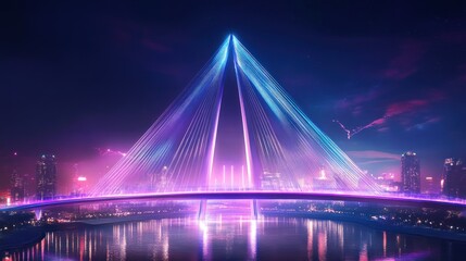 Obraz premium Futuristic cable-stayed bridge with bright neon lights at nighttime city landscape